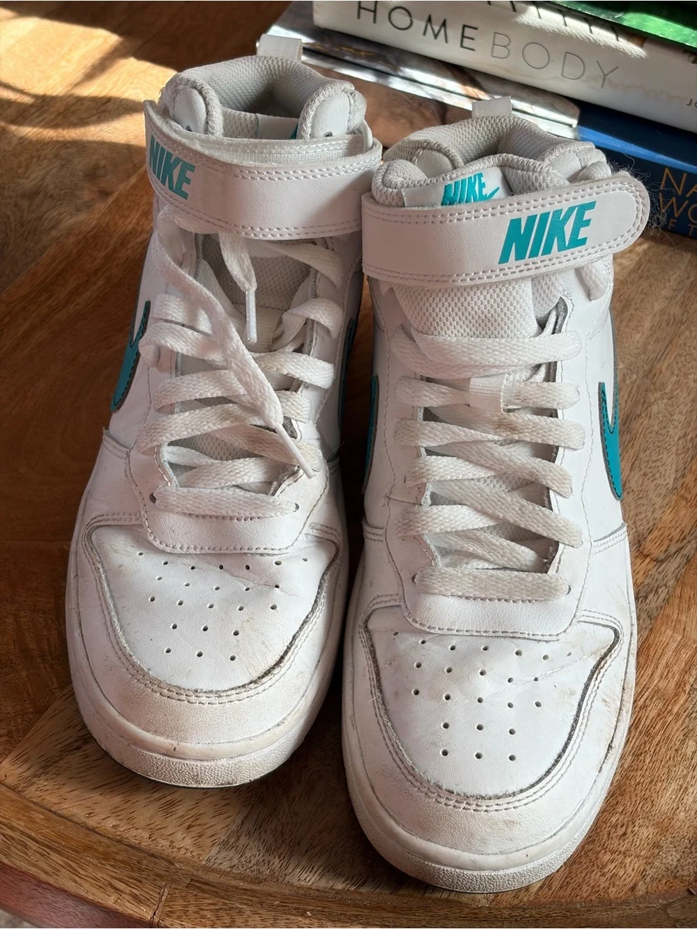 Nike Kids White Mid-Top Sneakers with Teal Swoosh